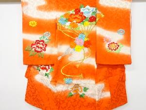 アンティーク　花扇模様刺繍着物(内袖・長襦袢付き)